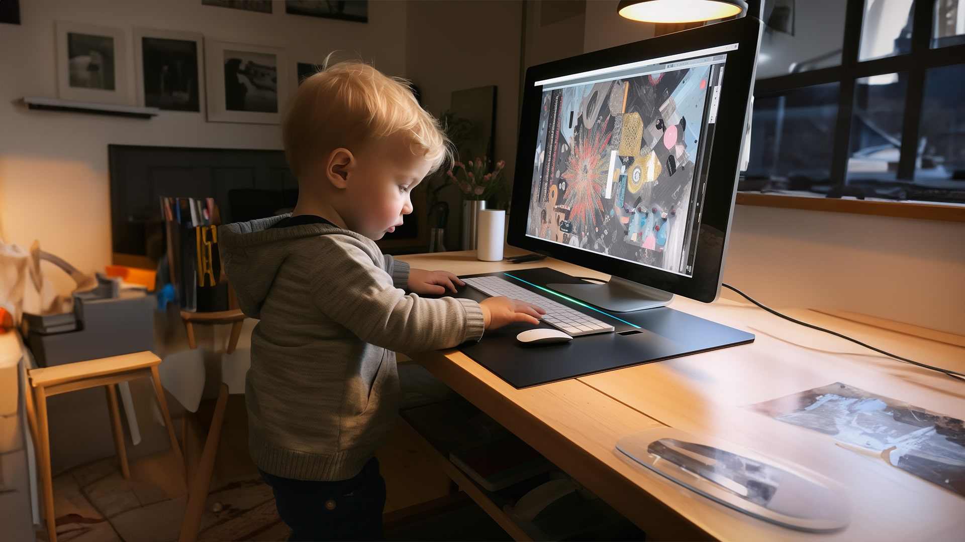 Kleinkind Arbeit am PC als Symbolbild für die komplexen Anforderungen an Designer in Enterprise UX Projekten